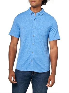 Lucky Brand Slub Knit Short Sleeve Blue Cotton Blend Button-Up Shirt S NWT